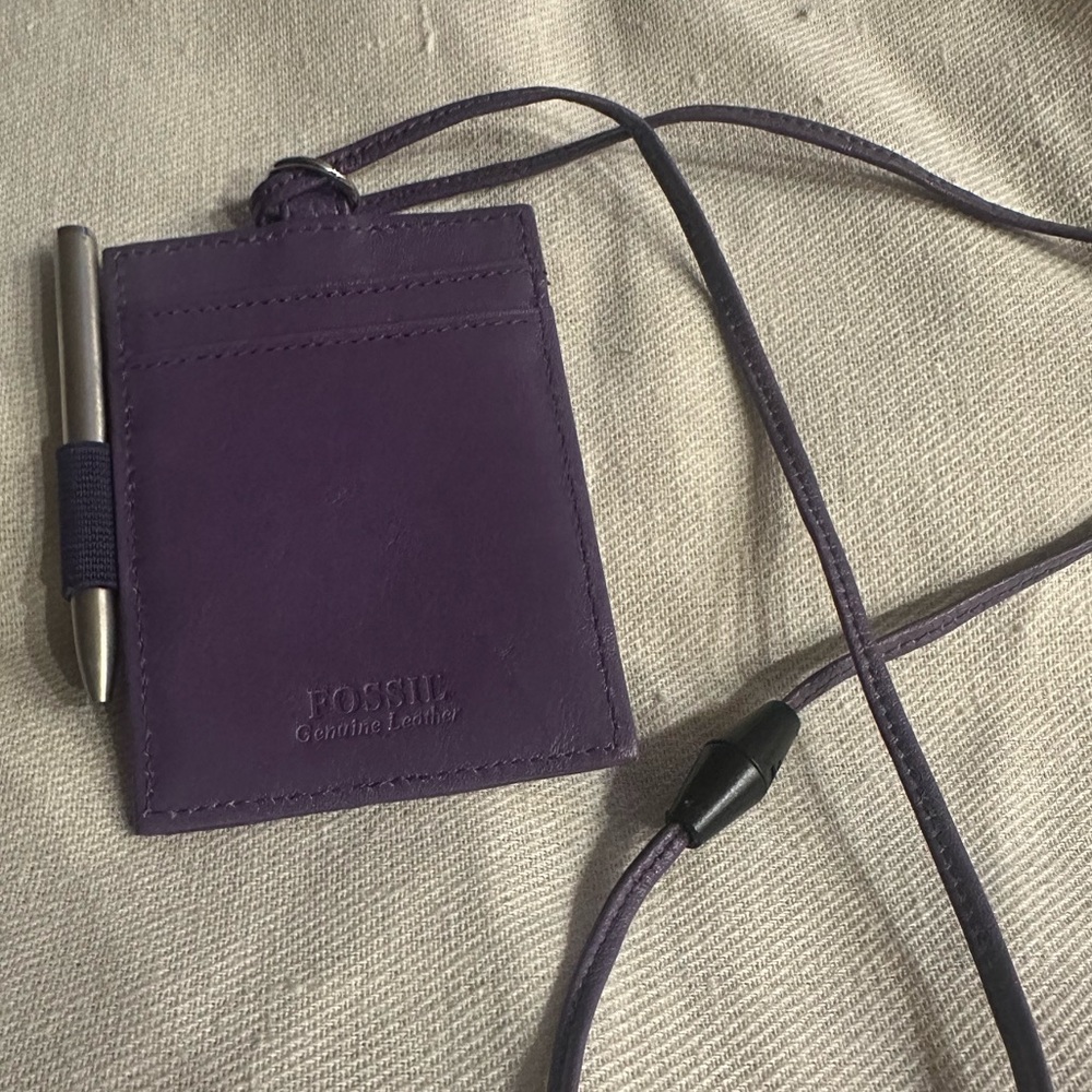 Fossil Purple Leather Card Holder with Pen